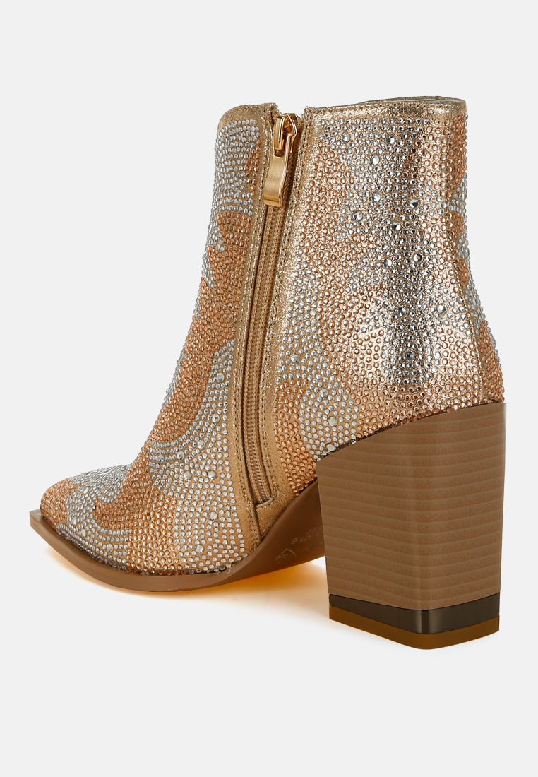 women rhinestones embellished ankle boots#color_gold
