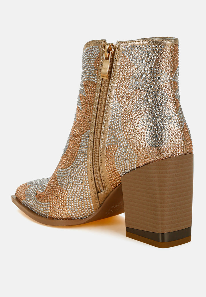 women rhinestones embellished ankle boots#color_gold