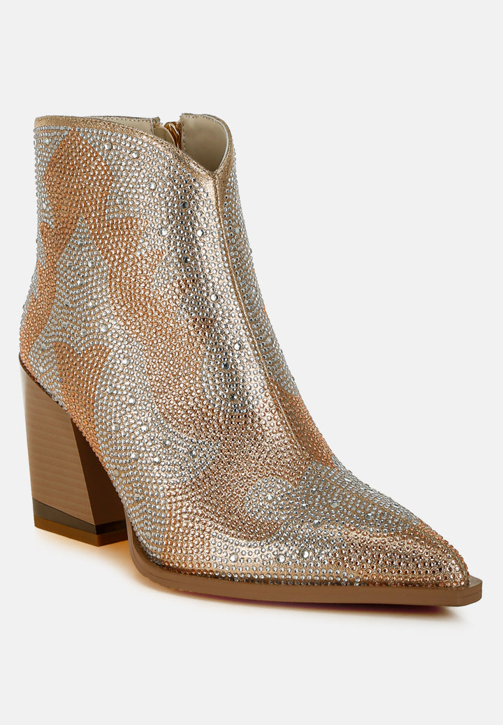 women rhinestones embellished ankle boots#color_gold