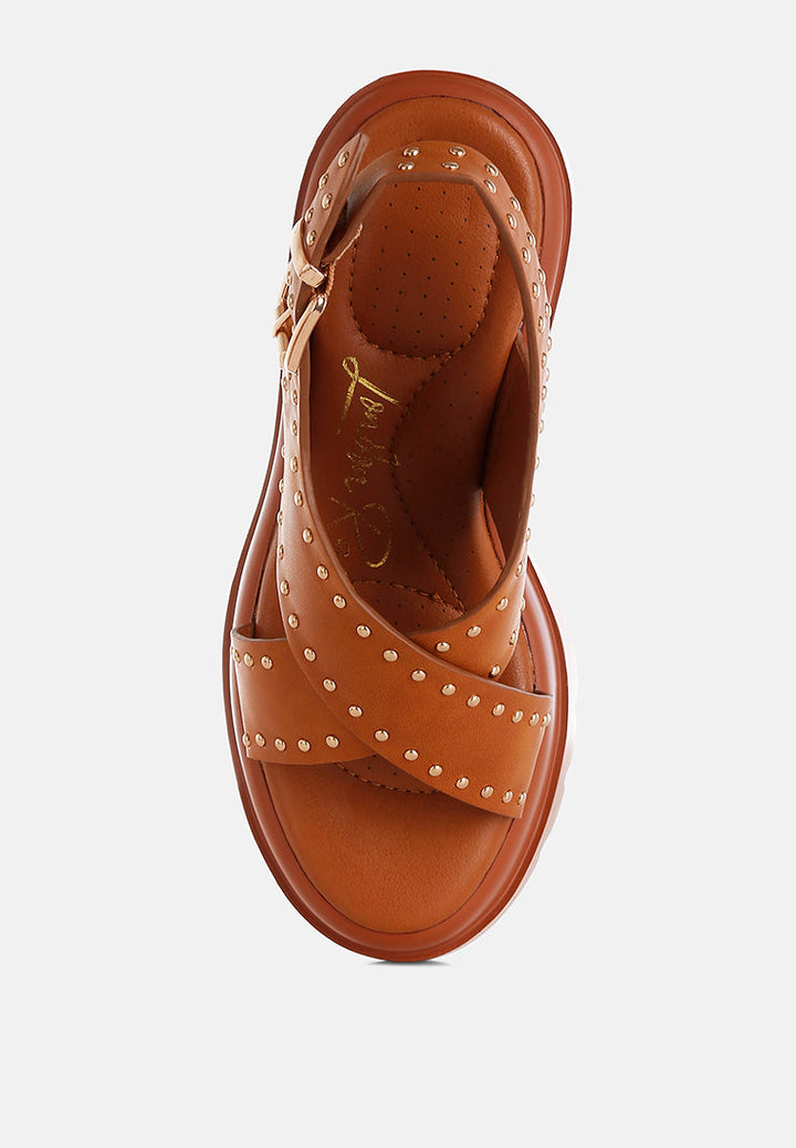 women stud embellished block heel sandals#color_tan