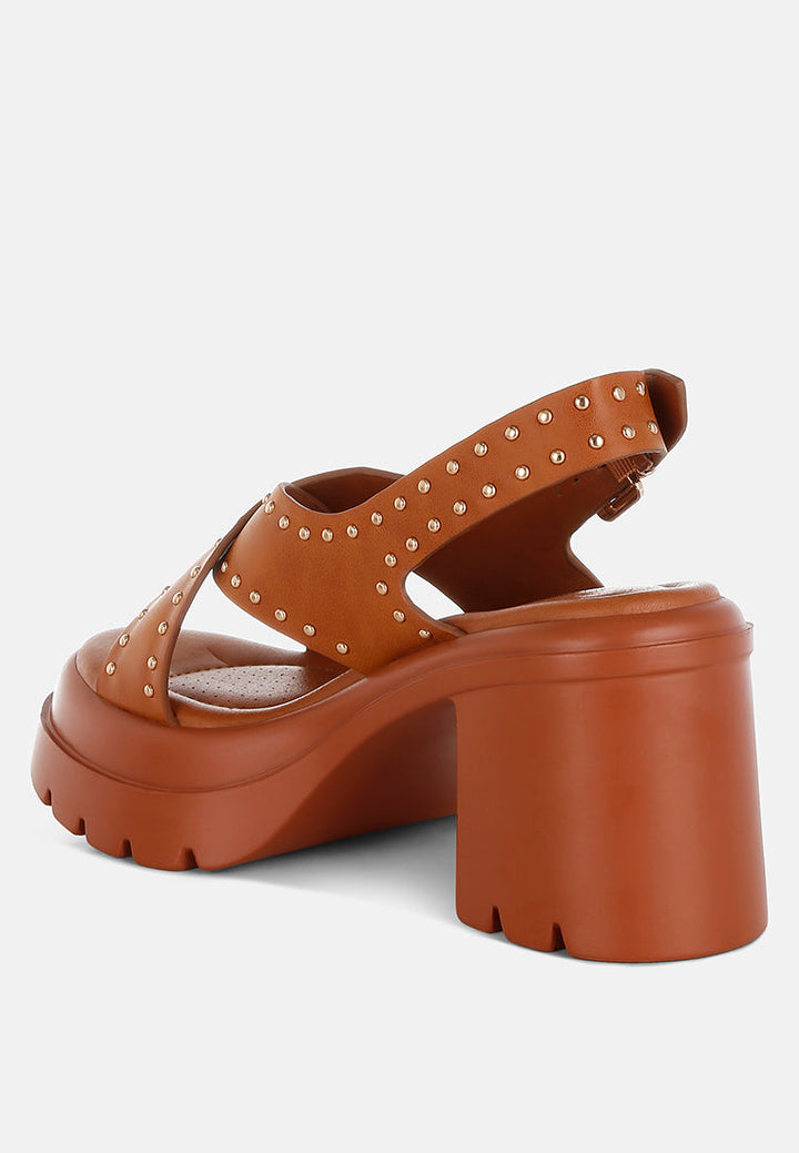 women stud embellished block heel sandals#color_tan
