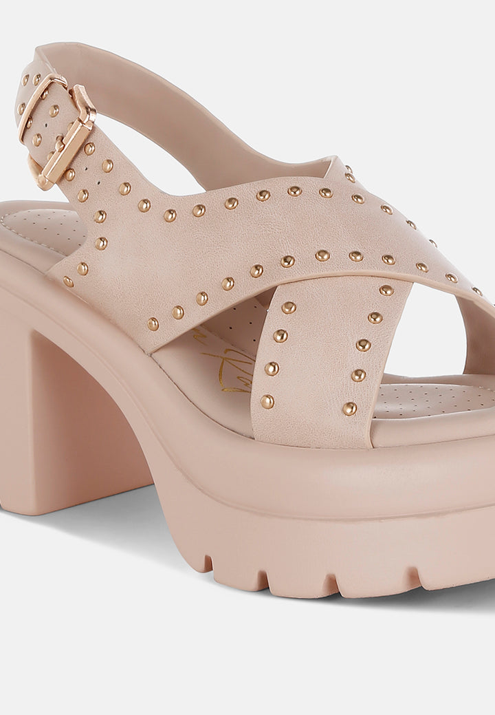 women stud embellished block heel sandals#color_beige