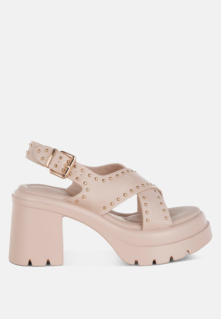 women stud embellished block heel sandals#color_beige