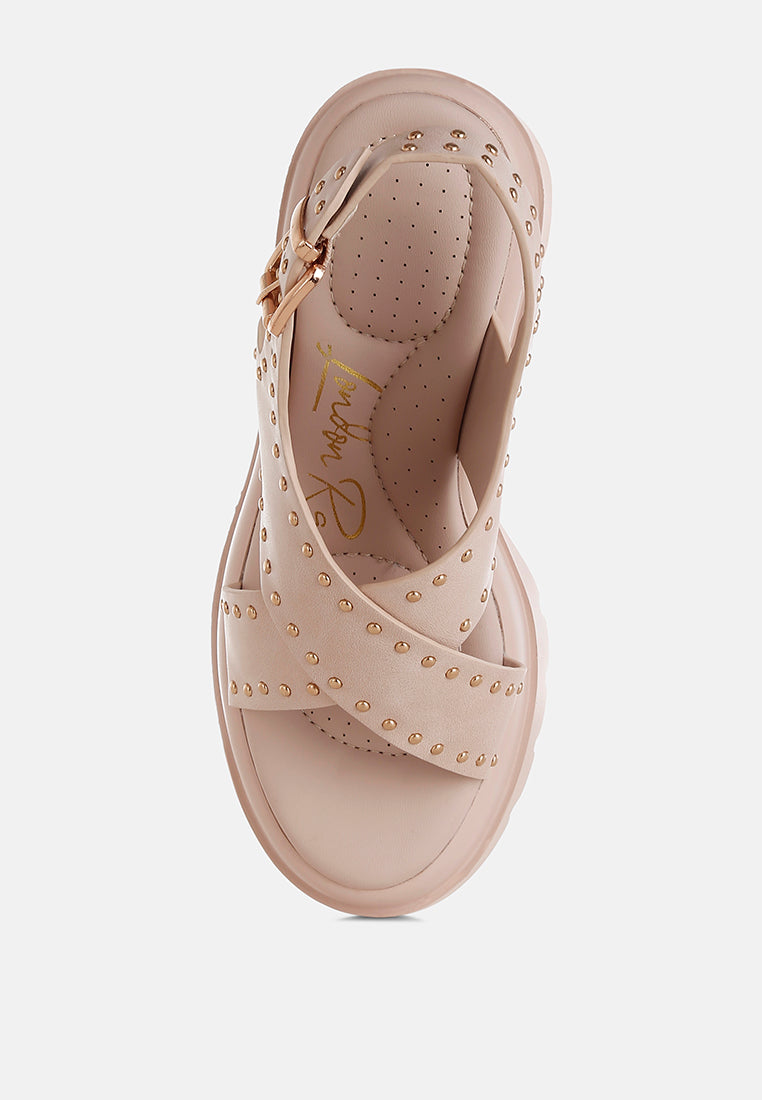 women stud embellished block heel sandals#color_beige