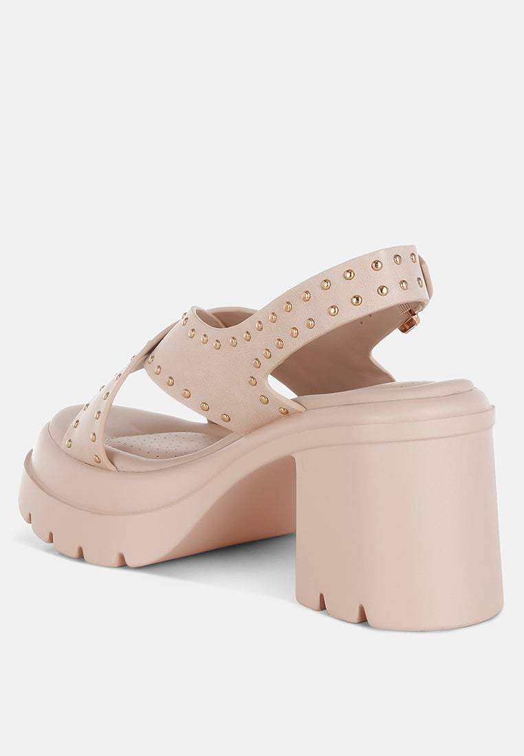 women stud embellished block heel sandals#color_beige