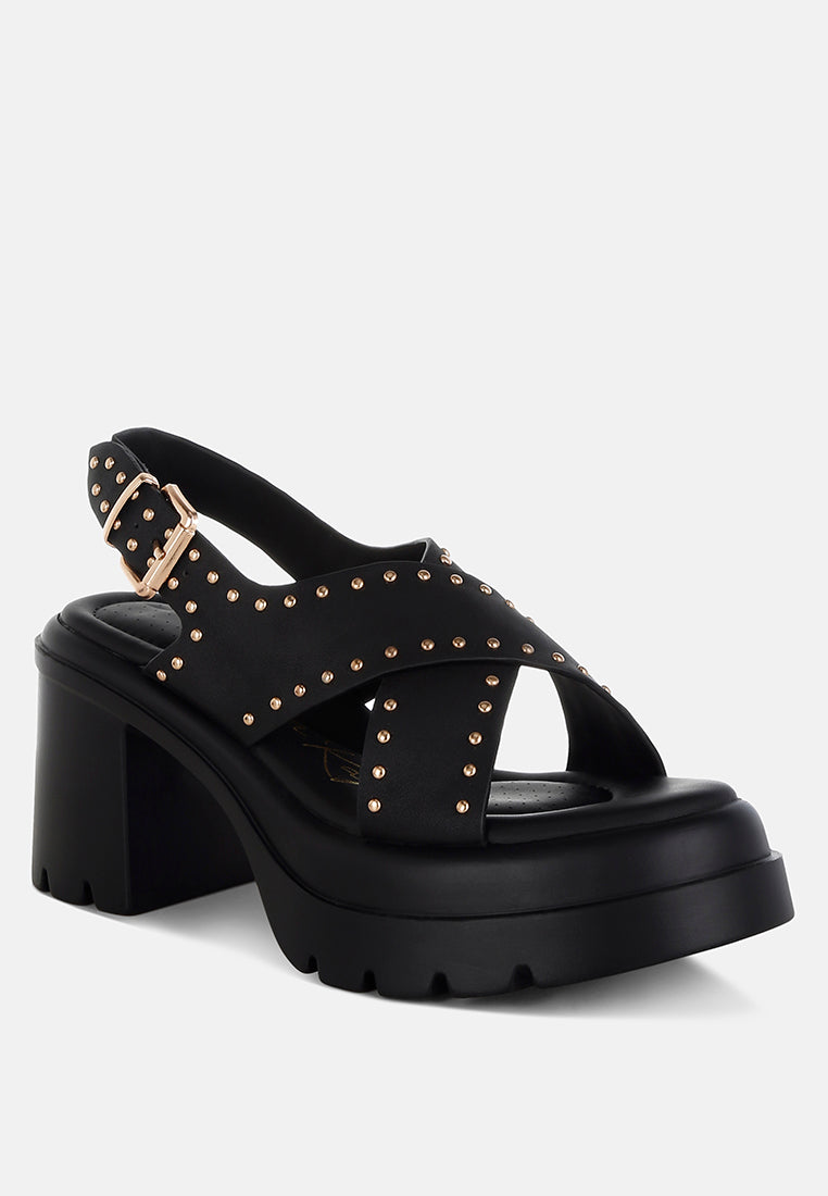 women stud embellished block heel sandals#color_black