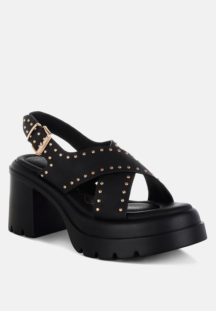 women stud embellished block heel sandals#color_black