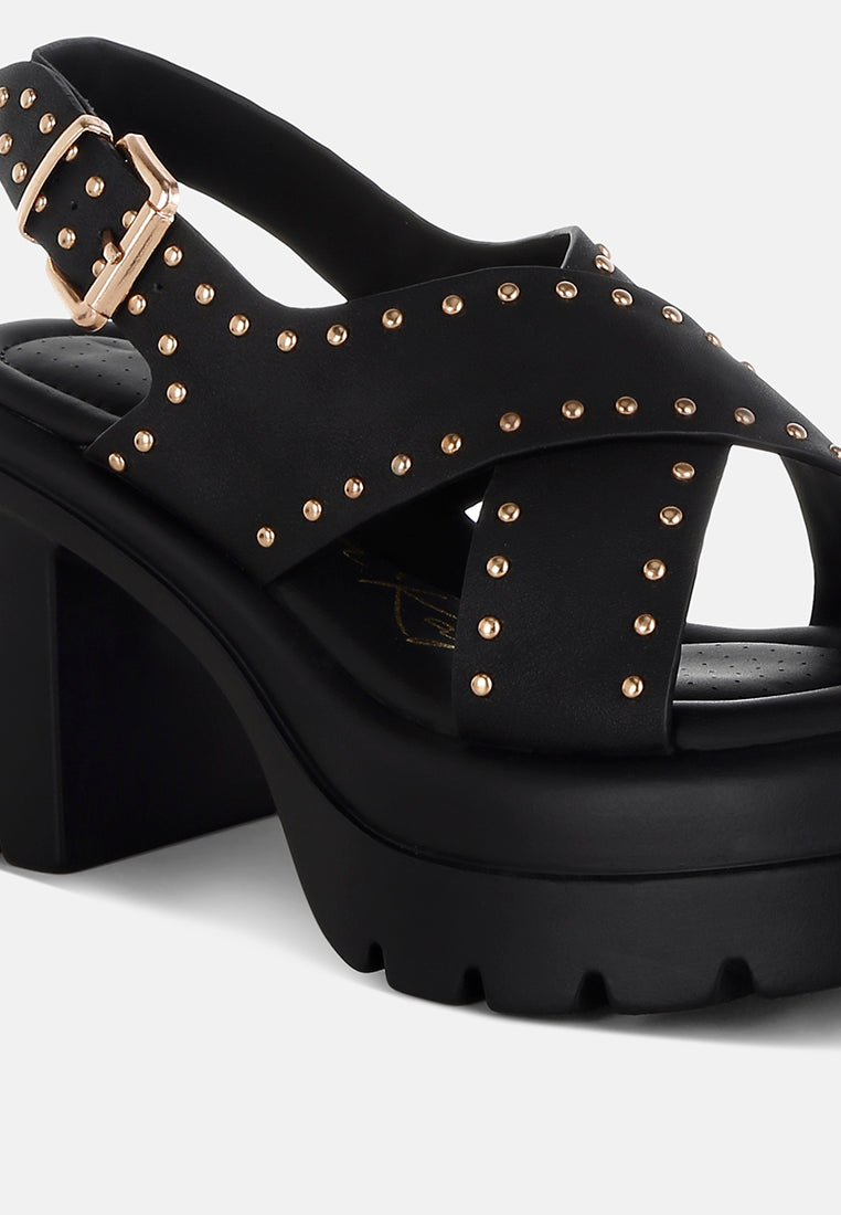 women stud embellished block heel sandals#color_black