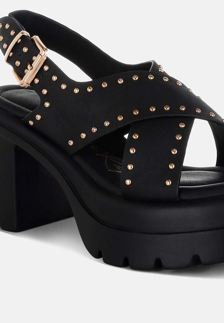 women stud embellished block heel sandals#color_black