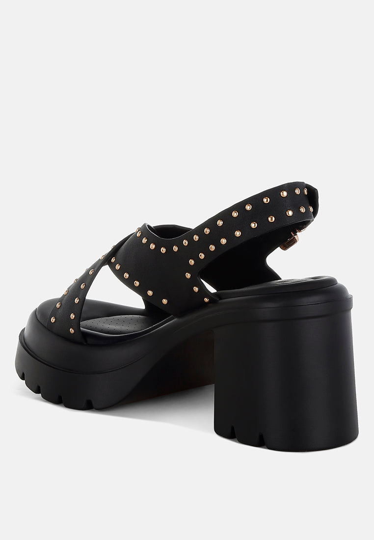 women stud embellished block heel sandals#color_black