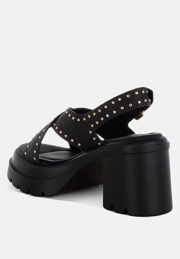 women stud embellished block heel sandals#color_black