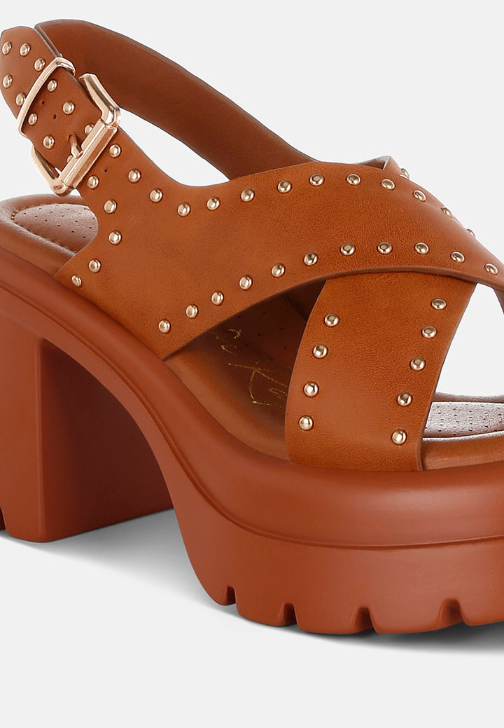 women stud embellished block heel sandals#color_tan