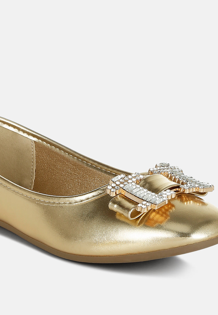 women rhinestone buckle metallic ballerinas#color_gold