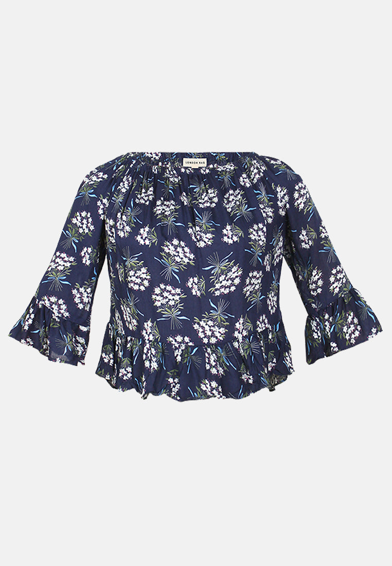 women polka dot off shoulder top#color_navy-floral