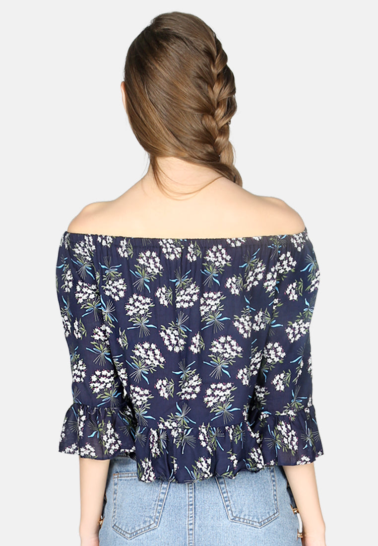 women polka dot off shoulder top#color_navy-floral