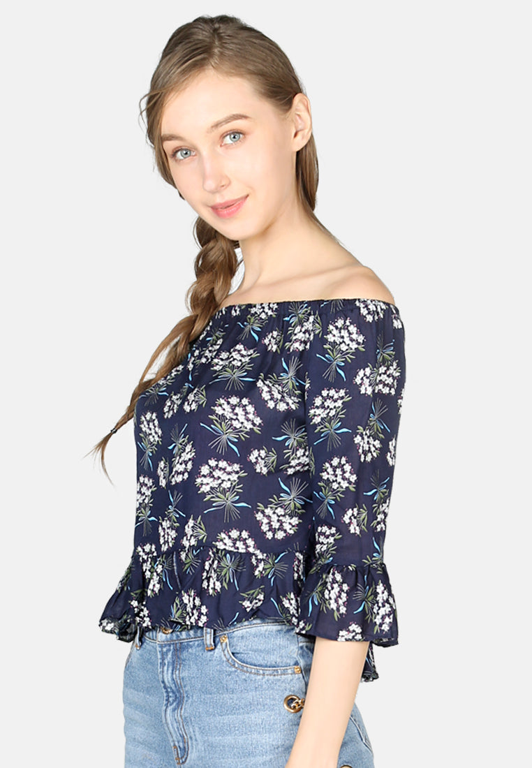 women polka dot off shoulder top#color_navy-floral