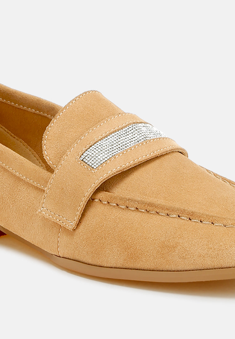 women rhinestone penny strap loafers#color_beige