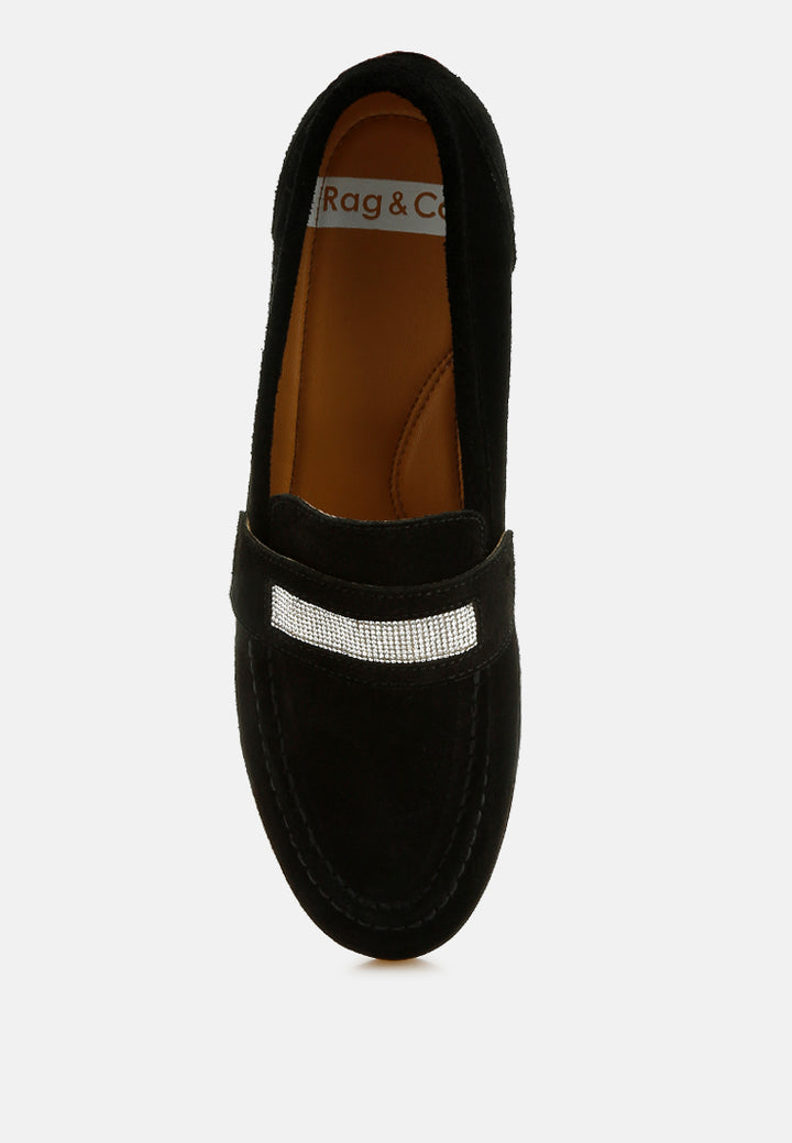 women rhinestone penny strap loafers#color_black