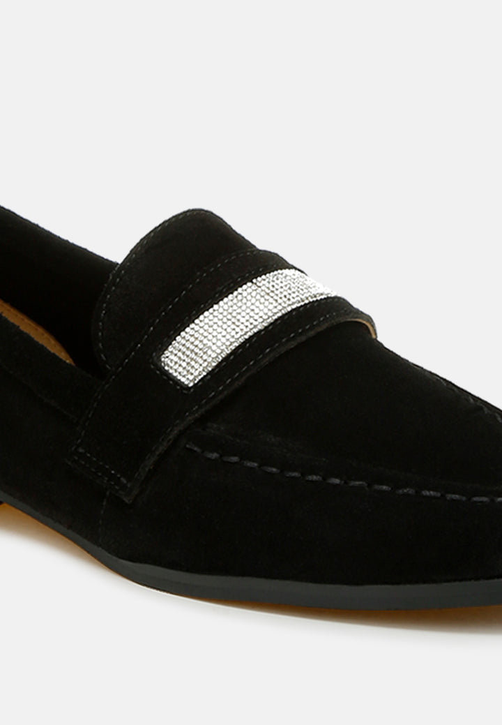 women rhinestone penny strap loafers#color_black