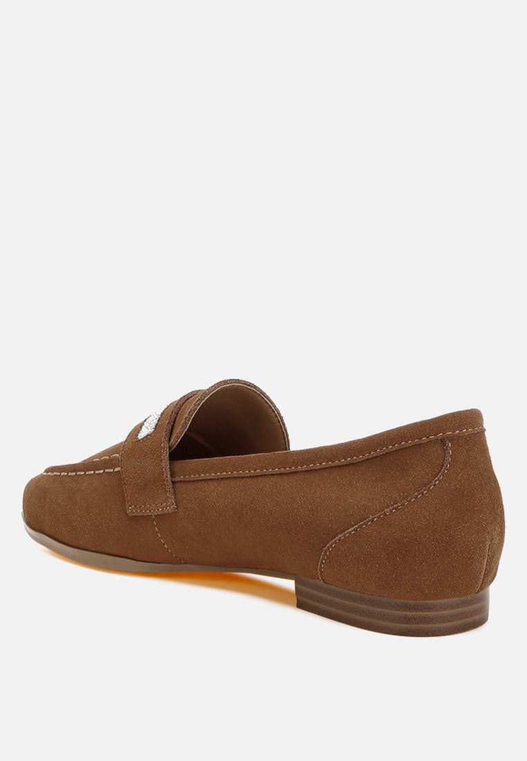 women rhinestone penny strap loafers#color_tan