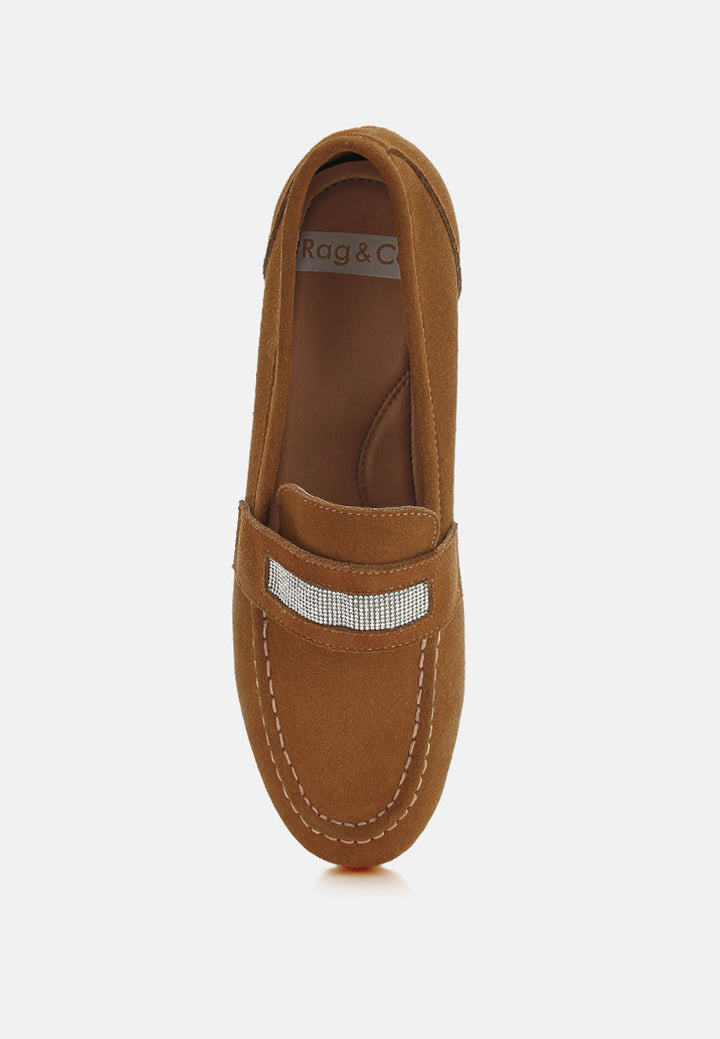 women rhinestone penny strap loafers#color_tan