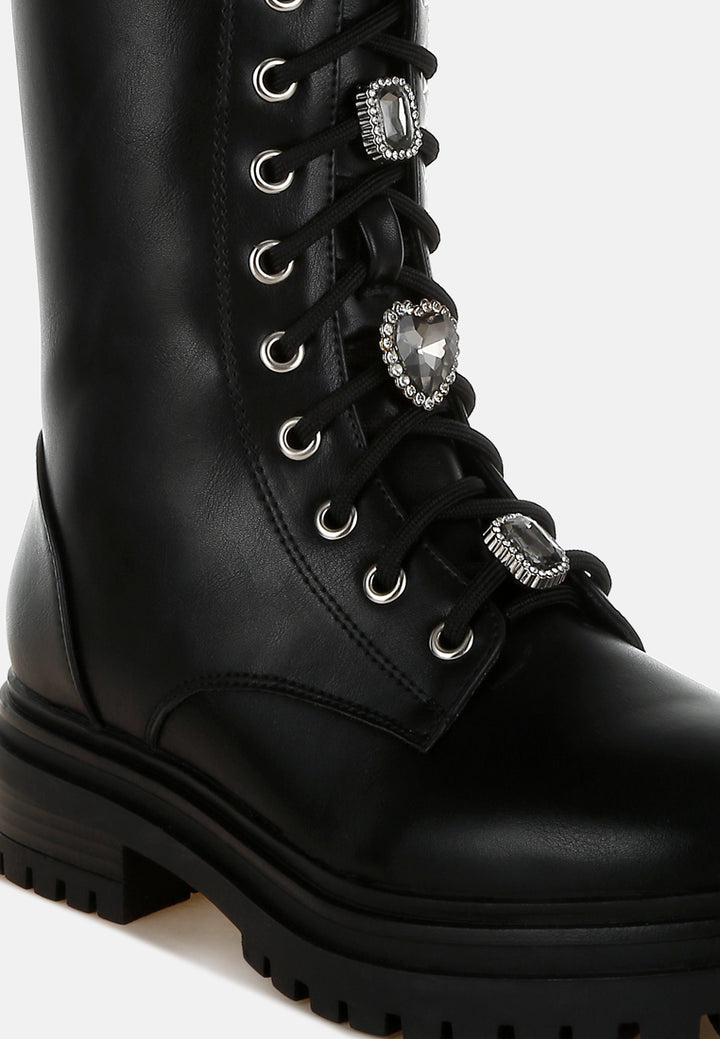 women rhinestone jewelled chunky boots#color_black