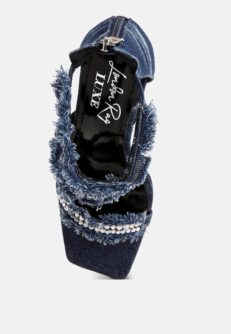Women Diamante Embellished Denim Stiletto Heels