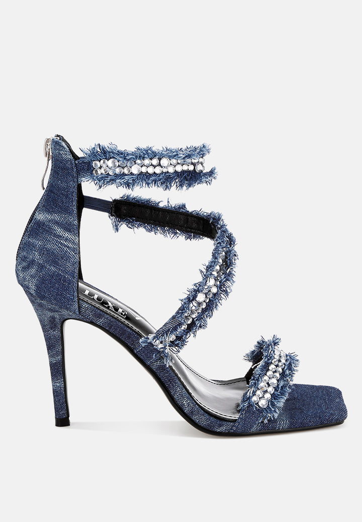Women Diamante Embellished Denim Stiletto Heels