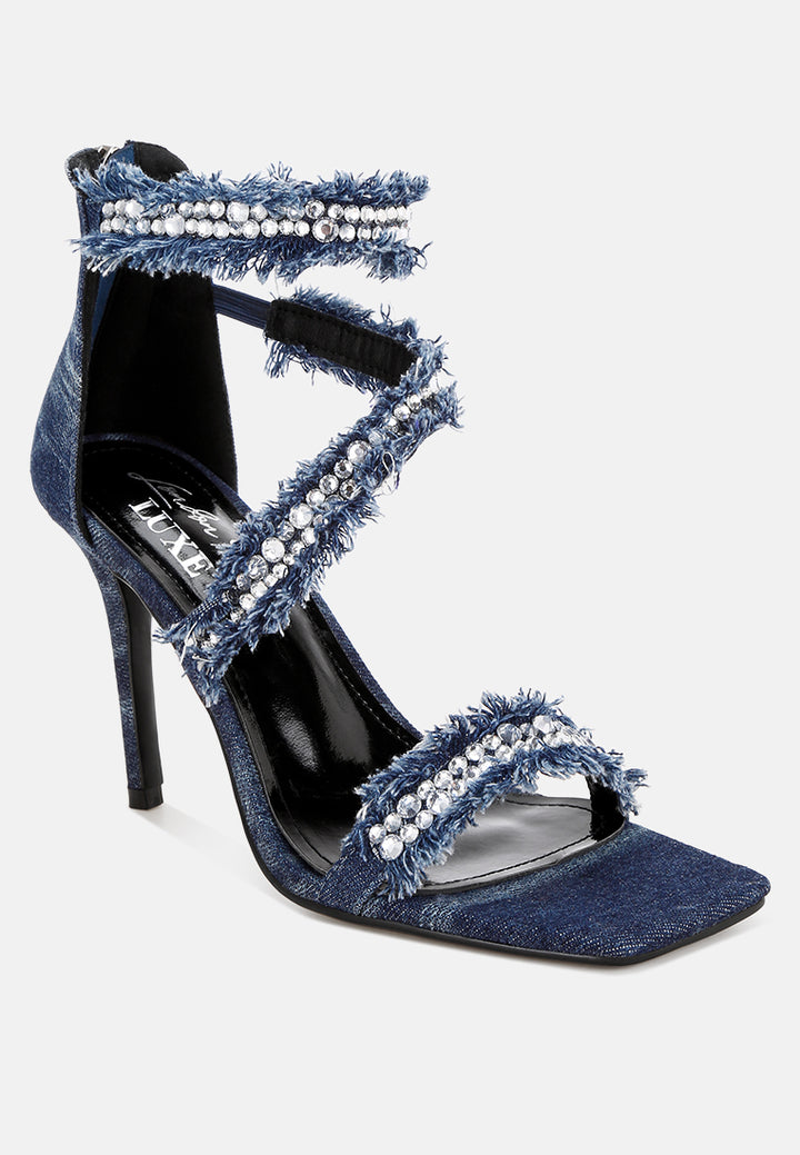 Women Diamante Embellished Denim Stiletto Heels
