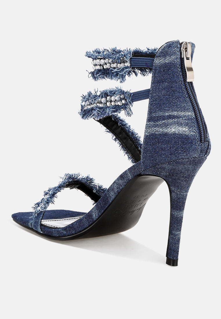 Women Diamante Embellished Denim Stiletto Heels