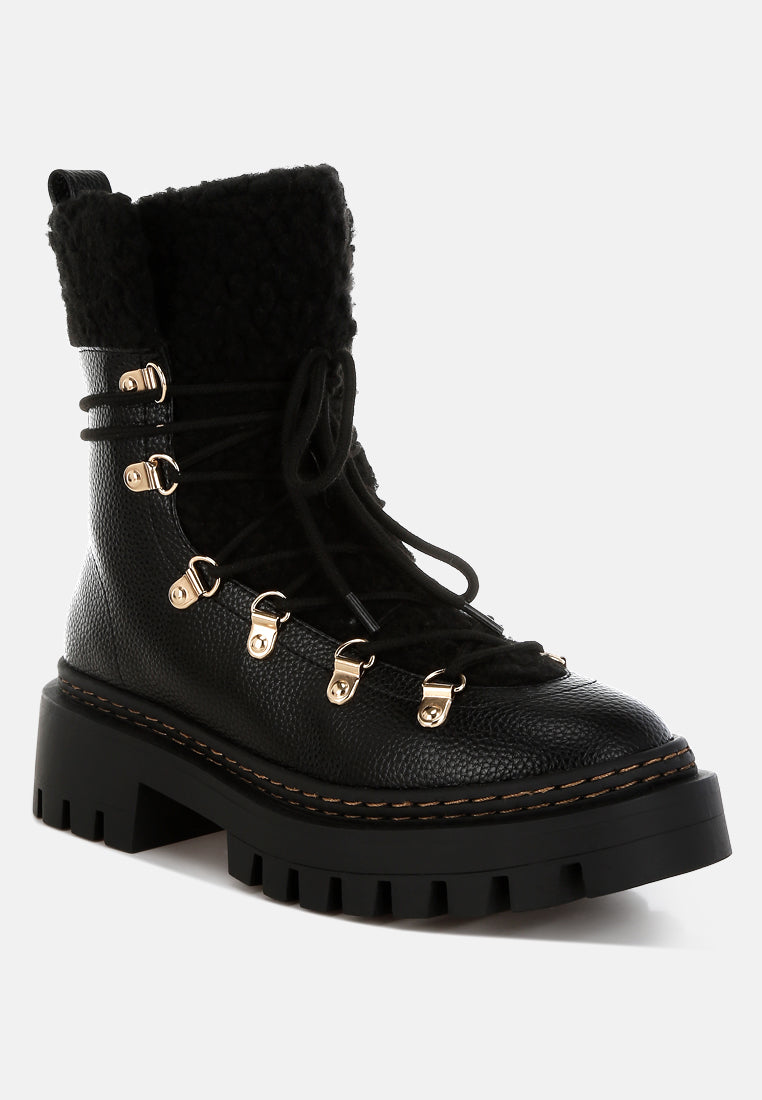 women fleece & faux leather boots#color_black
