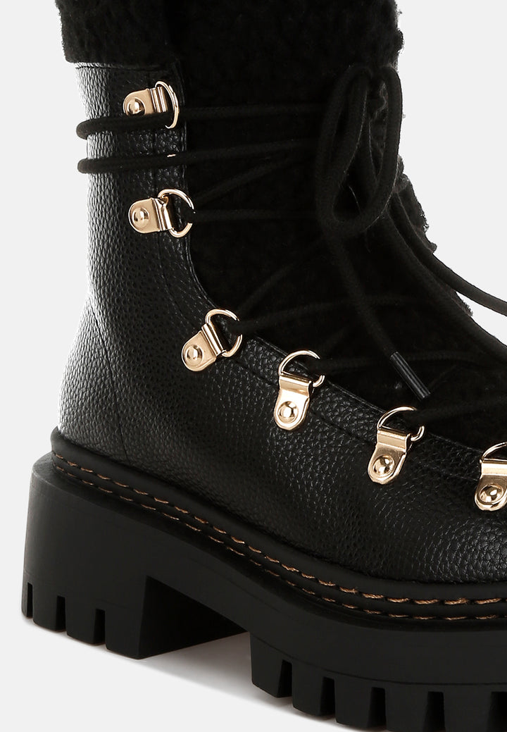 women fleece & faux leather boots#color_black