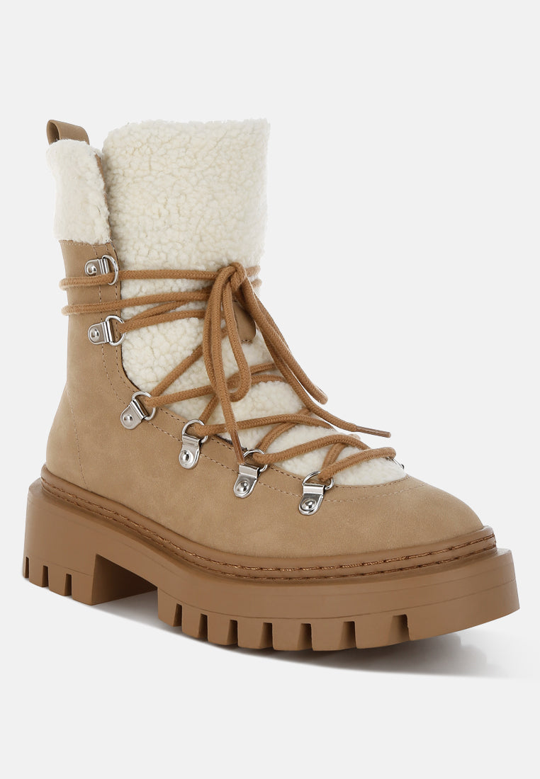 women fleece & faux leather boots#color_tan