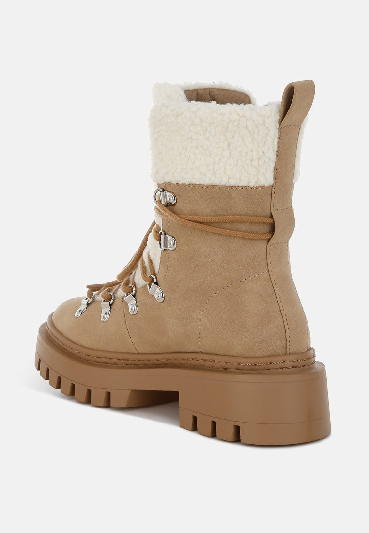 women fleece & faux leather boots#color_tan