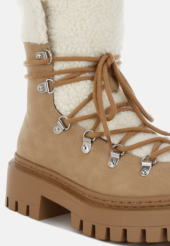women fleece & faux leather boots#color_tan