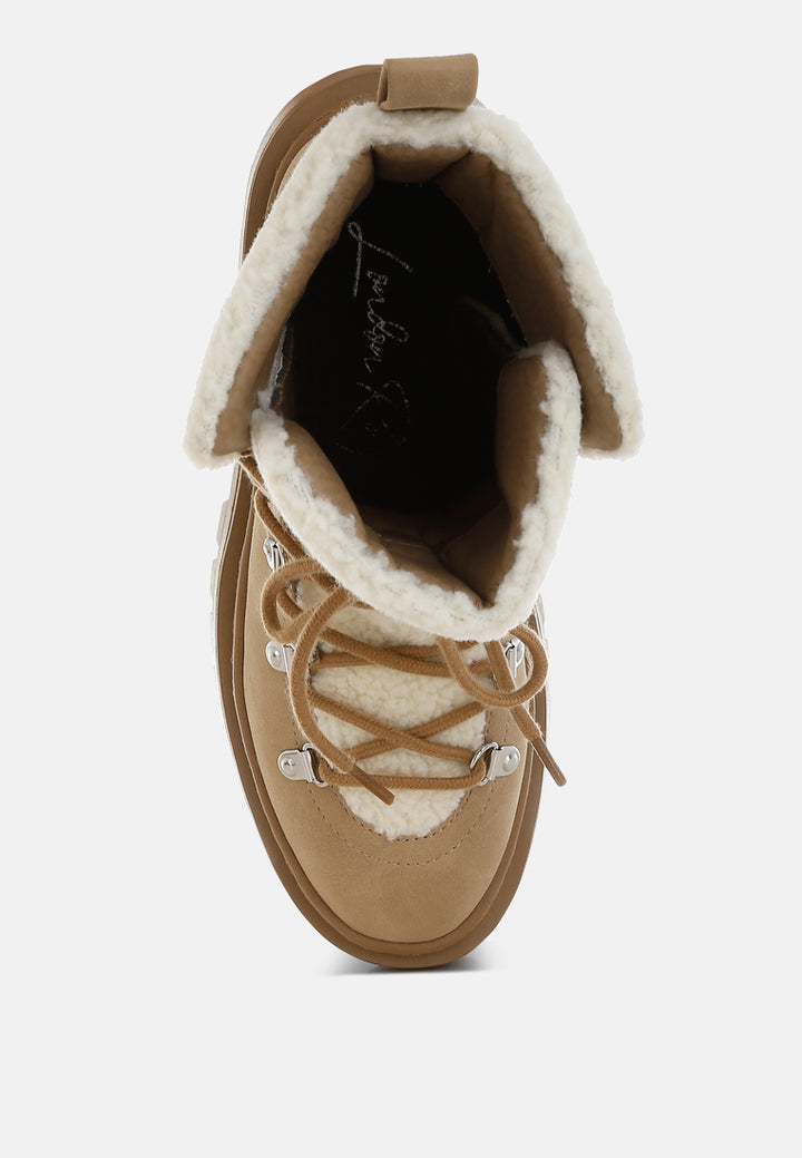 women fleece & faux leather boots#color_tan