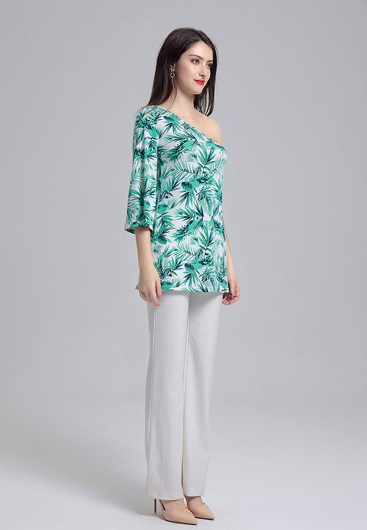 women botanical printed off-shoulder tunic top#color_green print