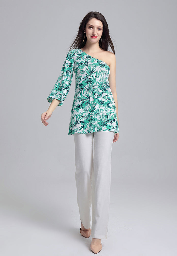women botanical printed off-shoulder tunic top#color_green print
