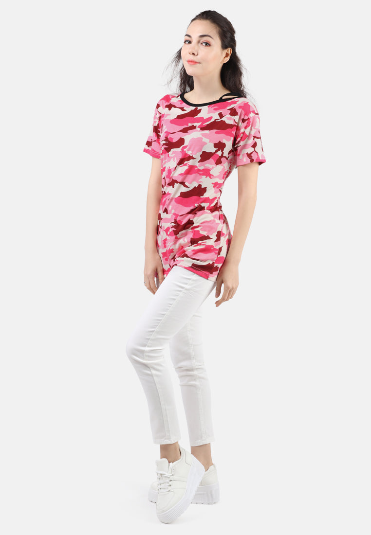 women camouflage one strap off-shoulder top#color_pink camouflage