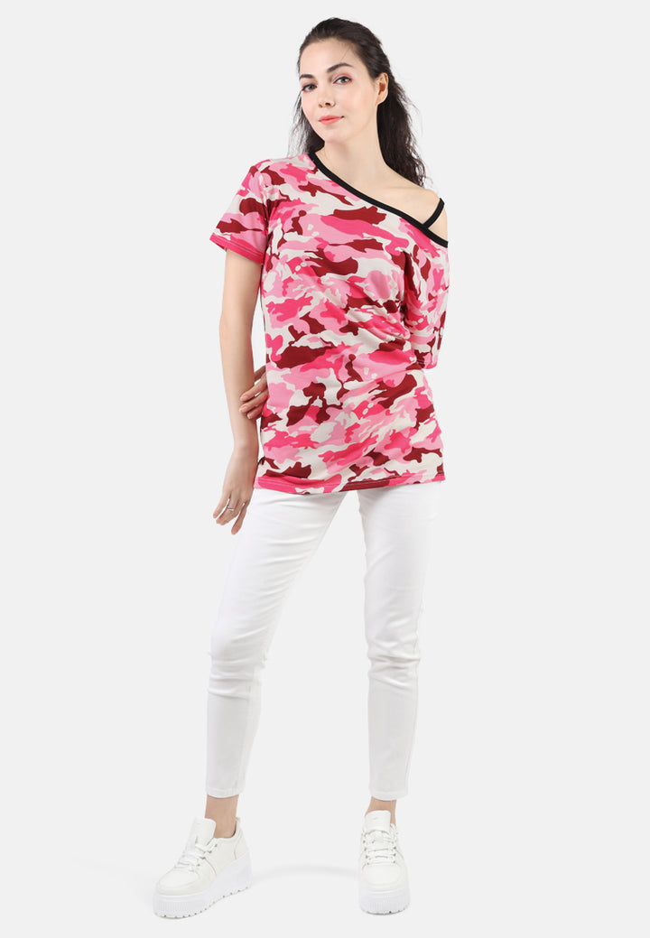 women camouflage one strap off-shoulder top#color_pink camouflage