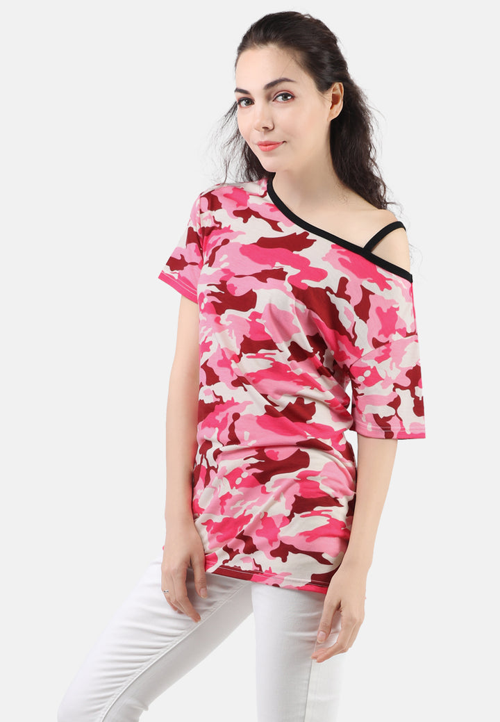 women camouflage one strap off-shoulder top#color_pink camouflage
