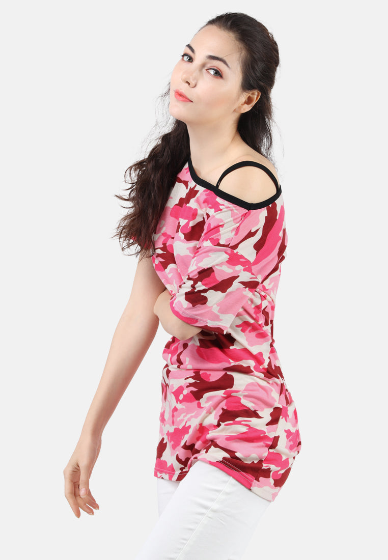 women camouflage one strap off-shoulder top#color_pink camouflage