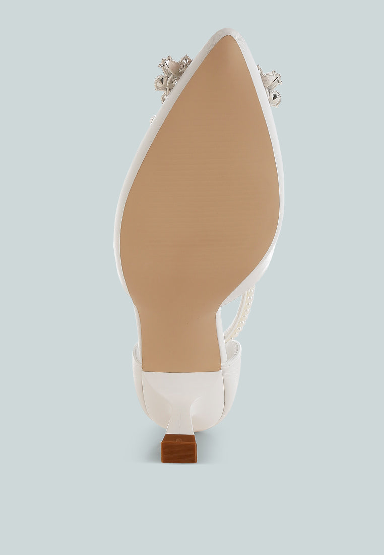 women diamante brooch kitten heel sandals#color_white