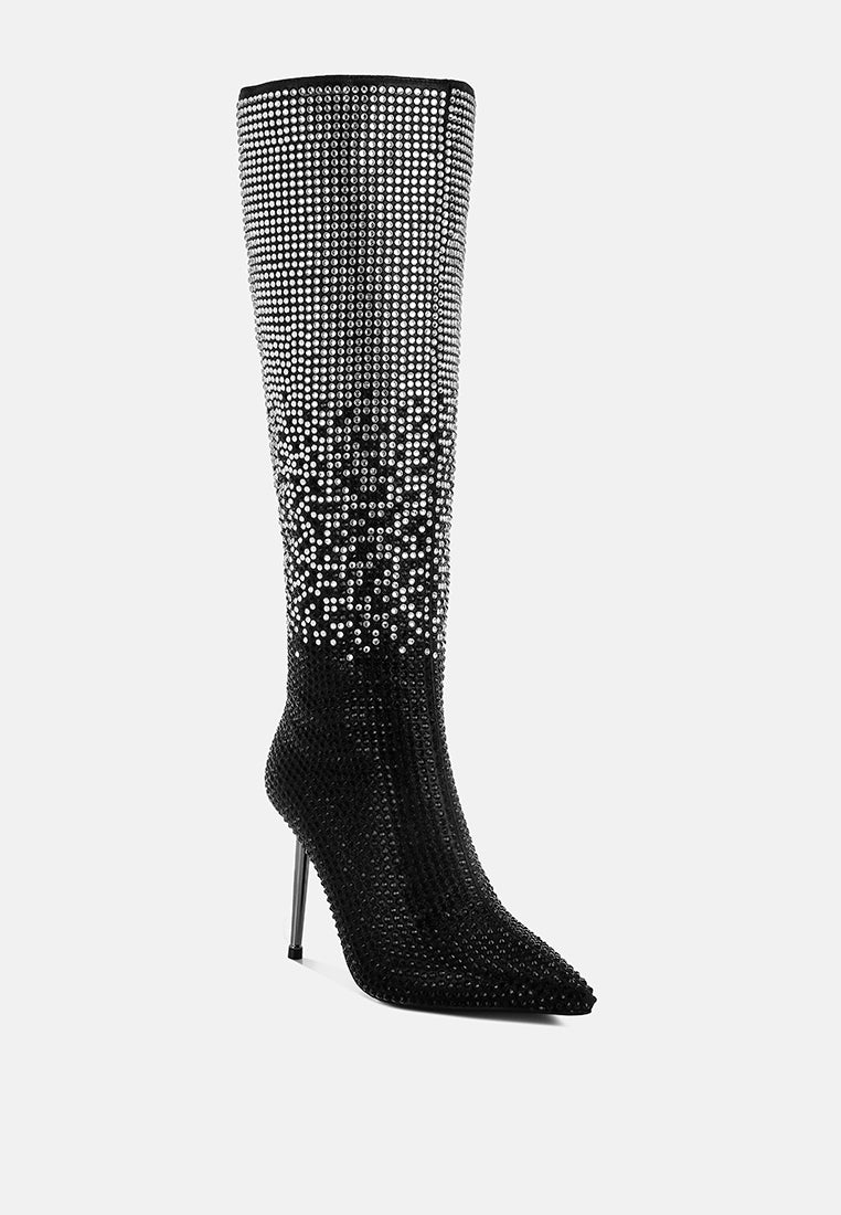 women shiny rhinestone studded calf boots#color_black