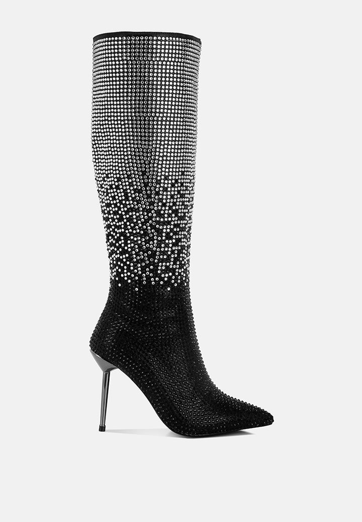 women shiny rhinestone studded calf boots#color_black