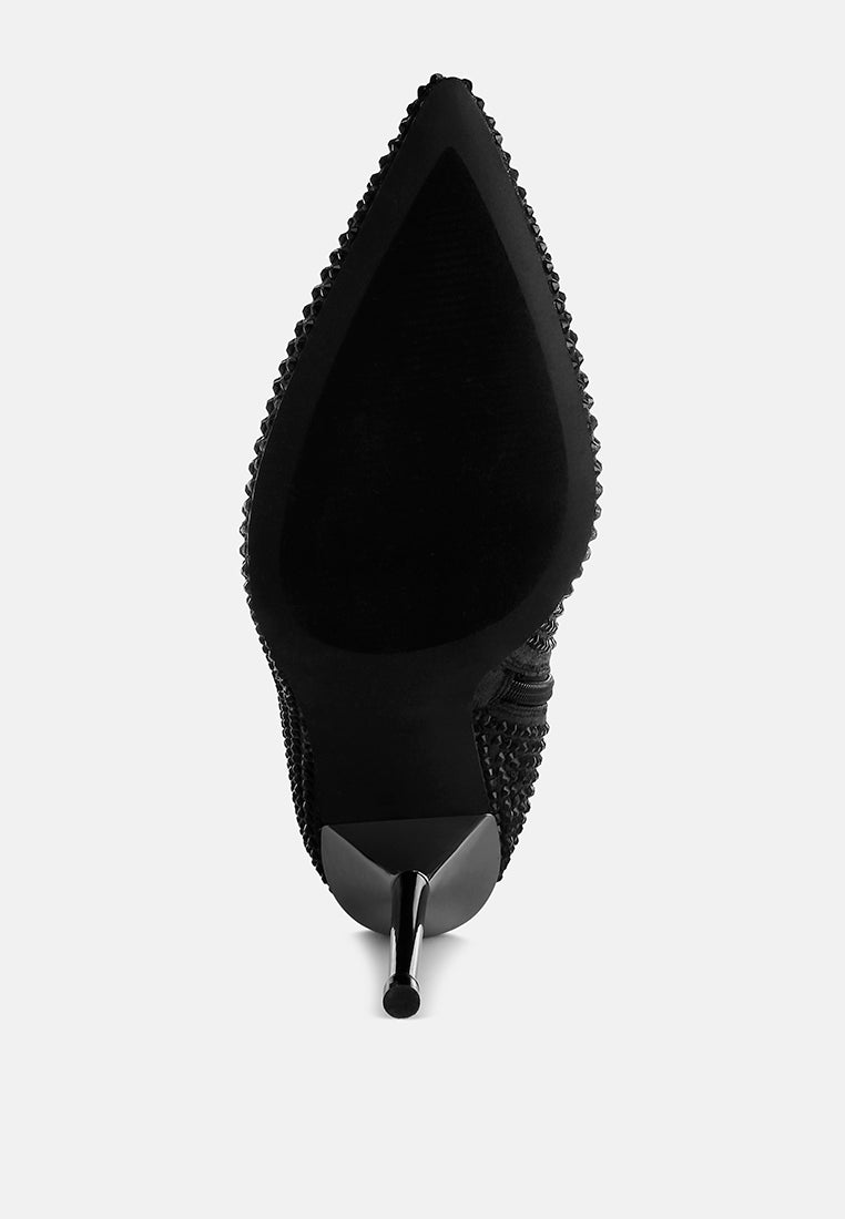 women shiny rhinestone studded calf boots#color_black