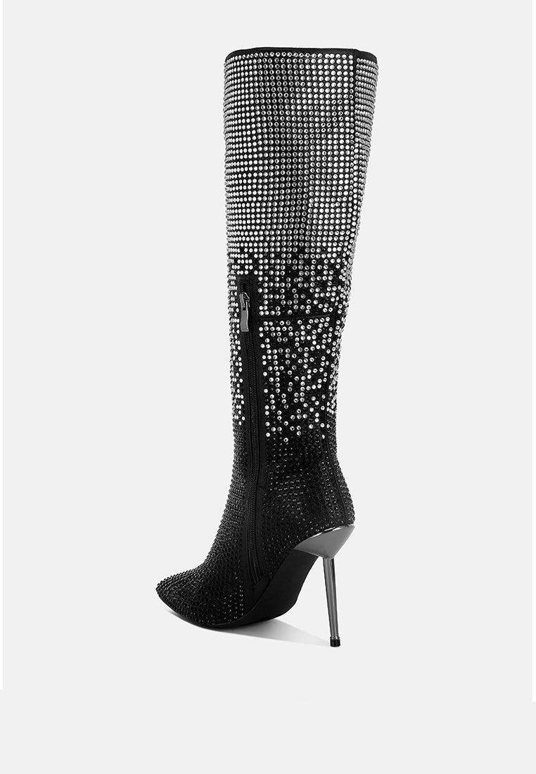 women shiny rhinestone studded calf boots#color_black