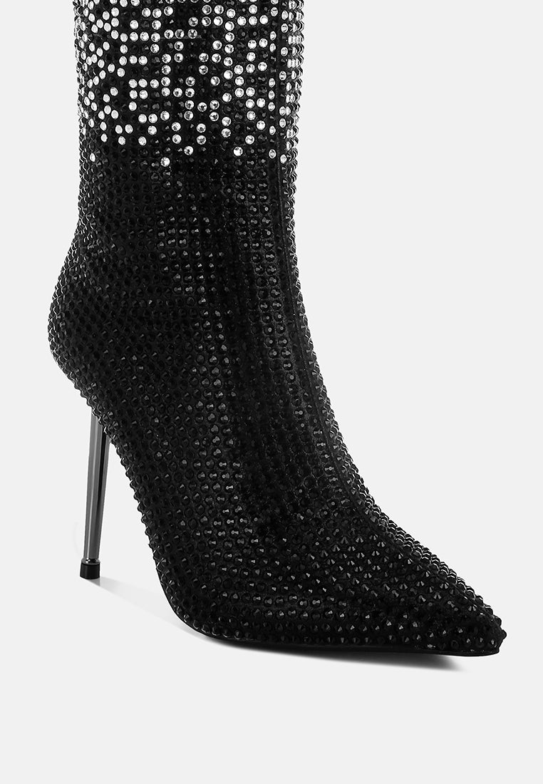 women shiny rhinestone studded calf boots#color_black