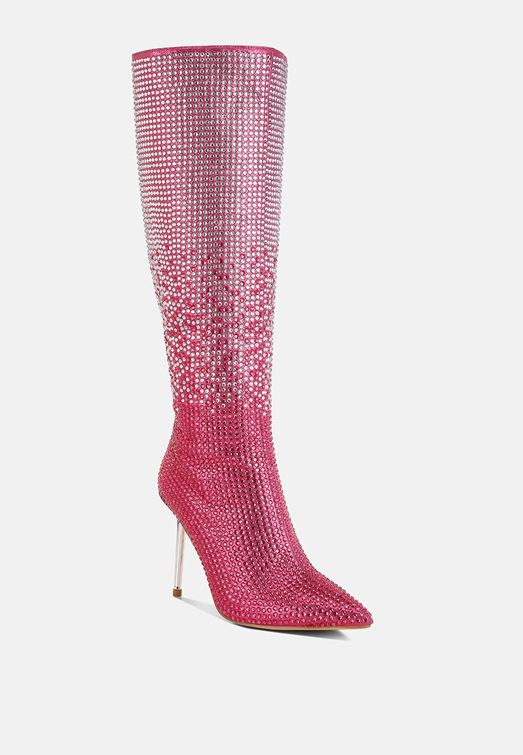women shiny rhinestone studded calf boots#color_pink