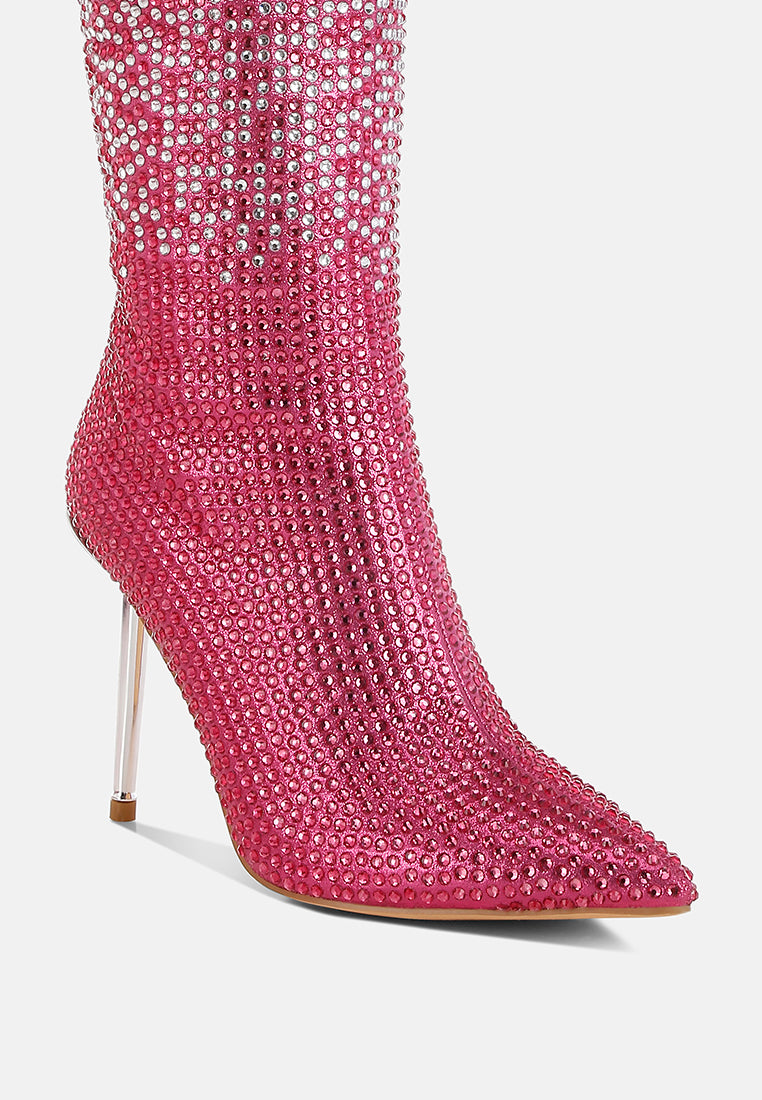 women shiny rhinestone studded calf boots#color_pink